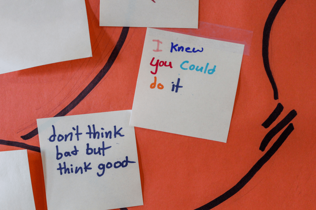 Encouraging notes written by Guadalupe School students saying, "I knew you could do it" and "Don't think bad but think good."